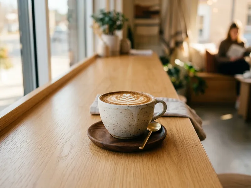 A modern minimalist specialty coffee bar in warm morning light