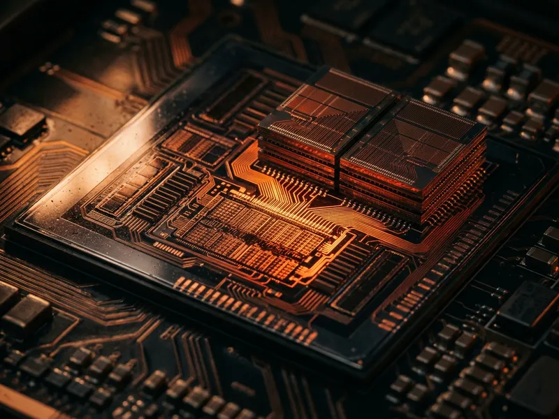 A close-up of an advanced AI accelerator chip and memory architecture