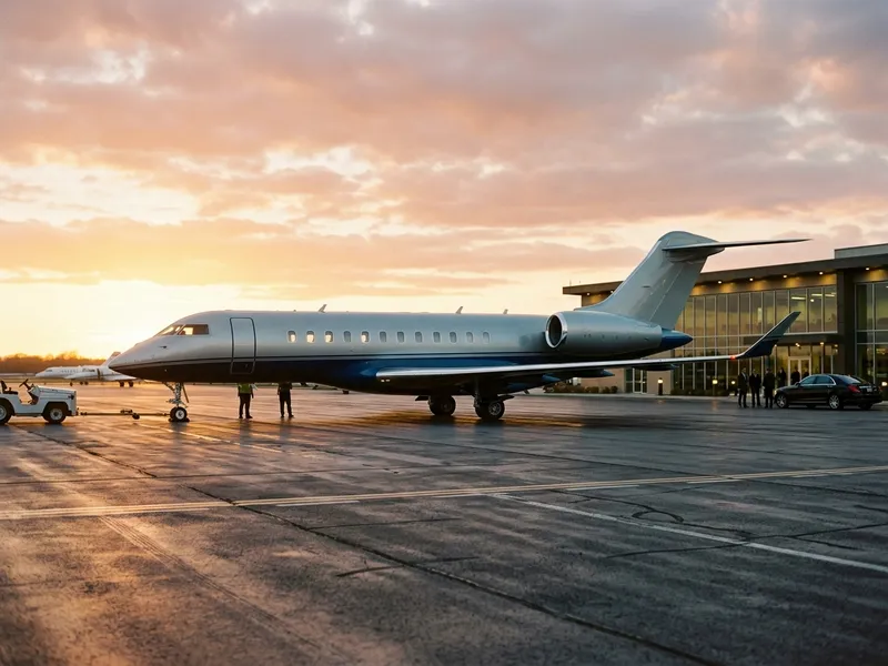 A business jet on an apron at golden hour