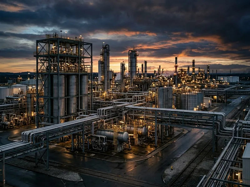 Specialty-chemicals production infrastructure under an industrial sky
