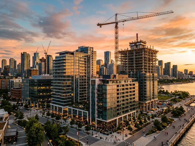 A residential and commercial development under a clear sky
