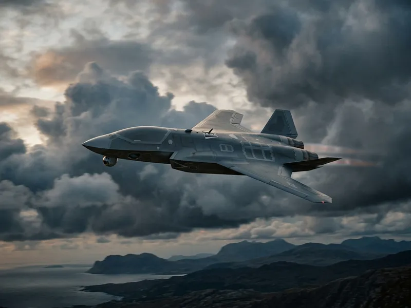 An autonomous defense aircraft and avionics at dusk