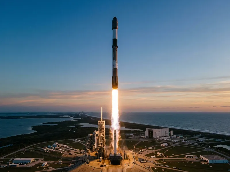 A rocket lifting off at dusk with a brilliant engine plume